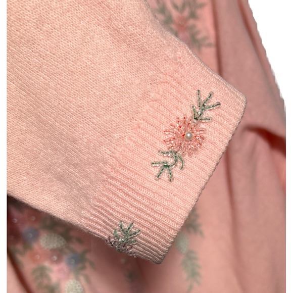 VTG 50's Floral Beaded Cardigan Sweater Pink Faux Pearl UK Sz 40 (10-12 US) EUC - Picture 9 of 12
